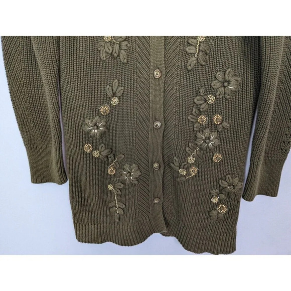 SOFT SURROUNDINGS M Green Embroidered Bead 3D Floral Cardigan Sweater Jacket - Picture 7 of 16
